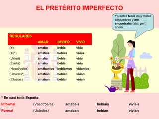 EL PRETÉRITO IMPERFECTO 
REGULARES 
AMAR BEBER VIVIR 
(Yo) amaba bebía vivía 
(Tú*) amabas bebías vivías 
(Usted) amaba bebía vivía 
(Él/ella) amaba bebía vivía 
(Nosotros/as) amábamos bebíamos vivíamos 
(Ustedes*) amaban bebían vivían 
(Ellos/as) amaban bebían vivían 
Yo antes tenía muy malas 
costumbres y me 
encontraba fatal, pero 
ahora... 
* En casi toda España: 
Informal (Vosotros/as) amabais bebíais vivíais 
Formal (Ustedes) amaban bebían vivían 
 