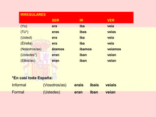 IRREGULARES 
SER IR VER 
(Yo) era iba veía 
(Tú*) eras ibas veías 
(Usted) era iba veía 
(Él/ella) era iba veía 
(Nosotros/as) éramos íbamos veíamos 
(Ustedes*) eran iban veían 
(Ellos/as) eran iban veían 
*En casi toda España: 
Informal (Vosotros/as) erais ibais veíais 
Formal (Ustedes) eran iban veían 
 