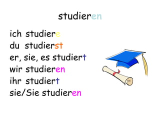 studieren
ich studiere
du studierst
er, sie, es studiert
wir studieren
ihr studiert
sie/Sie studieren
 