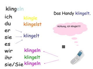 klingeln
                   Das Handy klingelt.
ich    klingle
du     klingelst    Achtung, ich klingle!!!!

er
sie    klingelt
es
wir     klingeln
ihr     klingelt
sie/Sie klingeln
 