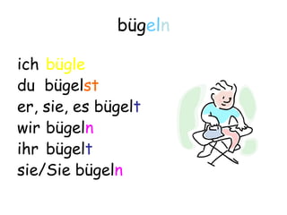 bügeln

ich bügle
du bügelst
er, sie, es bügelt
wir bügeln
ihr bügelt
sie/Sie bügeln
 