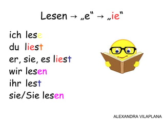 ich lese
du liest
er, sie, es liest
wir lesen
ihr lest
sie/Sie lesen
Lesen „e“ „→ → ie“
ALEXANDRA VILAPLANA
 
