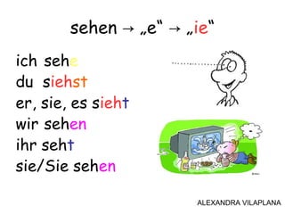ich sehe
du siehst
er, sie, es sieht
wir sehen
ihr seht
sie/Sie sehen
sehen „e“ „→ → ie“
ALEXANDRA VILAPLANA
 