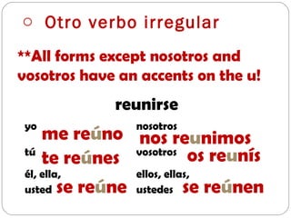 o Otro verbo irregular

**All forms except nosotros and
vosotros have an accents on the u!
              reunirse
 yo              nosotros
     me reúno nos reunimos
 tú
     te reúnes  vosotros
                            os reunís
 él, ella,      ellos, ellas,
 usted se reúne ustedes se reúnen
 