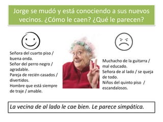 Jorge se mudó y está conociendo a sus nuevos
vecinos. ¿Cómo le caen? ¿Qué le parecen?
La vecina de al lado le cae bien. Le parece simpática.
Señora del cuarto piso /
buena onda.
Señor del perro negro /
agradable.
Pareja de recién casados /
divertidos.
Hombre que está siempre
de traje / amable.
Muchacho de la guitarra /
mal educado.
Señora de al lado / se queja
de todo.
Niños del quinto piso /
escandalosos.
 