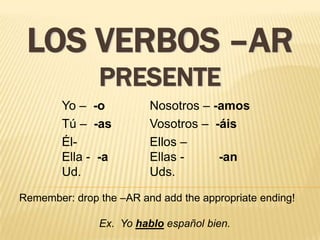 LOS VERBOS –AR
               PRESENTE
        Yo – -o          Nosotros – -amos
        Tú – -as         Vosotros – -áis
        Él-              Ellos –
        Ella - -a        Ellas -     -an
        Ud.              Uds.

Remember: drop the –AR and add the appropriate ending!

               Ex. Yo hablo español bien.
 