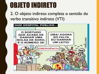 OBJETO INDIRETO
2. O objeto indireto completa o sentido do
verbo transitivo indireto (VTI)
 