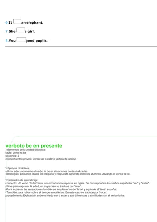 6.It         an elephant.

7.She           a girl.

8.You            good pupils.




viernes 29 de octubre de 2010
verboto be en presente
*elementos de la unidad didáctica:
título: verbo to be
sesiones: 2
conocimientos previos: verbo ser o estar o verbos de acción


*objetivos didácticos:
utilizar adecuadamente el verbo to be en situaciones contextualizadas.
estrategias: pequeños dialos de pregunta y respuesta concreto entre los alumnos utilizando el verbo to be.

*contenidos de aprendizaje:
concepto: -El verbo 'To be' tiene una importancia especial en inglés. Se corresponde a los verbos españoles "ser" y "estar".
-Sirve para expresar la edad, en cuyo caso se traduce por 'tener'.
-Para expresar las sensaciones también se emplea el verbo 'to be' y equivale al 'tener' español.
-También para hablar sobre el tiempo atmosférico. En este caso se traduce por 'hacer'.
procedimiento:Explicación sobre el verbo ser o estar y sus diferencias o similitudes con el verbo to be.
 