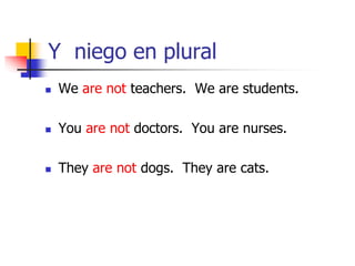 Y niego en plural
 We are not teachers. We are students.
 You are not doctors. You are nurses.
 They are not dogs. They are cats.
 