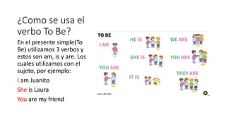 ¿Como se usa el
verbo To Be?
En el presente simple(To
Be) utilizamos 3 verbos y
estos son am, is y are. Los
cuales utilizamos con el
sujeto, por ejemplo:
I am Juanito
She is Laura
You are my friend
 