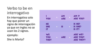 Verbo to be en
interrogativo
En interrogativa solo
hay que poner un
signo de interrogación
ya que en ingles no se
usan los 2 signos.
ejemplo:
She is Marta?
 