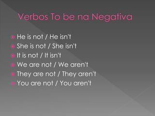  He is not / He isn't
 She is not / She isn't
 It is not / It isn't
 We are not / We aren't
 They are not / They aren't
 You are not / You aren't
 