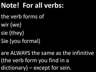 The ihr (you plural) verb form is ALWAYS the infinitive minus the -en plus –tdenken (to think)= ihr denkttreffen (to meet) = ihr trefft	laufen (to run) = ihr lauft	lesen (to read) = ihr lest
