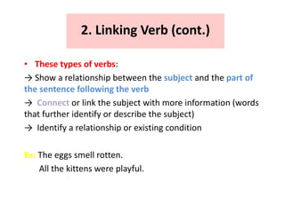 • These types of verbs:
→ Show a relationship between the subject and the part of
the sentence following the verb
→ Connect or link the subject with more information (words
that further identify or describe the subject)
→ Identify a relationship or existing condition
Ex: The eggs smell rotten.
All the kittens were playful.
2. Linking Verb (cont.)
 