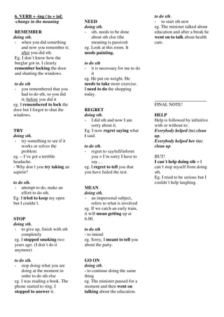 6. VERB + -ing / to + inf.
-change in the meaning
REMEMBER
doing sth.
- when you did something
and now you remember it;
after you did sth.
Eg. I don´t know how the
burglar got in. I clearly
remember locking the door
and shutting the windows.
to do sth
- you remembered that you
had to do sth, so you did
it; before you did it
eg. I remembered to lock the
door but I forgot to shut the
windows.
TRY
doing sth.
- try something to see if it
works or solves the
problem
eg. – I´ve got a terrible
headache.
- Why don´t you try taking an
aspirin?
to do sth.
- attempt to do, make an
effort to do sth.
Eg. I tried to keep my open
but I couldn´t.
STOP
doing sth.
- to give up, finish with sth
completely
eg. I stopped smoking two
years ago. (I don´t do it
anymore)
to do sth.
- stop doing what you are
doing at the moment in
order to do sth else
eg. I was reading a book. The
phone started to ring. I
stopped to answer it.
NEED
doing sth.
- sth. needs to be done
about sth else (the
meaning is passive
eg. Look at this room. It
needs painting.
to do sth
- it is necessary for me to do
it
eg. He put on weight. He
needs to take more exercise.
I need to do the shopping
today.
REGRET
doing sth.
- I did sth and now I am
sorry about it.
Eg. I now regret saying what
I said.
to do sth.
- regret to say/tell/inform
you = I´m sorry I have to
say…
eg. I regret to tell you that
you have failed the test.
MEAN
doing sth.
- an impersonal subject,
refers to what is involved
eg. If we catch an early train,
it will mean getting up at
6.00.
to do sth
- to intend
eg. Sorry, I meant to tell you
about the party.
GO ON
doing sth.
- to continue doing the same
thing
eg. The minister paused for a
moment and then went on
talking about the education.
to do sth.
- to start sth new
eg. The minister talked about
education and after a break he
went on to talk about health
care.
_______________________
FINAL NOTE!
HELP
Help is followed by infinitive
with or without to:
Everybody helped (to) clean
up.
Everybody helped her (to)
clean up.
BUT!
I can´t help doing sth = I
can´t stop myself from doing
sth.
Eg. I tried to be serious but I
couldn´t help laughing.
 