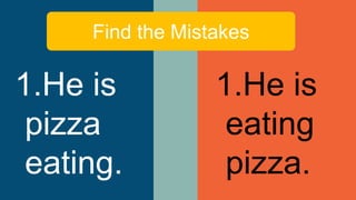 Find the Mistakes
1.He is
pizza
eating.
1.He is
eating
pizza.
 