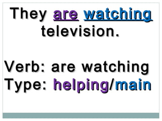 TheyThey areare watchingwatching
television.television.
Verb: are watchingVerb: are watching
Type:Type: helpinghelping//mainmain
 