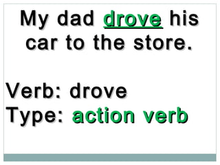 My dadMy dad drovedrove hishis
car to the store.car to the store.
Verb: droveVerb: drove
Type:Type: action verbaction verb
 