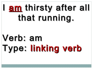 II amam thirsty after allthirsty after all
that running.that running.
Verb: amVerb: am
Type:Type: linking verblinking verb
 