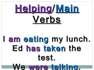 HelpingHelping//MainMain
VerbsVerbs
II amam eatingeating my lunch.my lunch.
EdEd hashas takentaken thethe
test.test.
WeWe werewere talkingtalking..
 