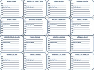 essen – to eat              fahren – to travel / drive            geben – to give              nehmen – to take
ich_____________________         ich_____________________          ich_____________________      ich_____________________
du_____________________          du_____________________           du_____________________       du_____________________
er/sie/es/man___________         er/sie/es/man___________          er/sie/es/man___________      er/sie/es/man___________
wir____________________          wir____________________           wir____________________       wir____________________
ihr_____________________         ihr_____________________          ihr_____________________      ihr_____________________
Sie_____________________         Sie_____________________          Sie_____________________      Sie_____________________
sie_____________________         sie_____________________          sie_____________________      sie_____________________


         sehen – to see                 sprechen – to speak               werden – to become              haben – to have
ich_____________________         ich_____________________          ich_____________________      ich_____________________
du_____________________          du_____________________           du_____________________       du_____________________
er/sie/es/man___________         er/sie/es/man___________          er/sie/es/man___________      er/sie/es/man___________
wir____________________          wir____________________           wir____________________       wir____________________
ihr_____________________         ihr_____________________          ihr_____________________      ihr_____________________
Sie_____________________         Sie_____________________          Sie_____________________      Sie_____________________
sie_____________________         sie_____________________          sie_____________________      sie_____________________

     helfen [+Dativ] – to help            lesen – to read                 schlafen – to sleep            schlagen – to hit
ich_____________________         ich_____________________          ich_____________________      ich_____________________
du_____________________          du_____________________           du_____________________       du_____________________
er/sie/es/man___________         er/sie/es/man___________          er/sie/es/man___________      er/sie/es/man___________
wir____________________          wir____________________           wir____________________       wir____________________
ihr_____________________         ihr_____________________          ihr_____________________      ihr_____________________
Sie_____________________         Sie_____________________          Sie_____________________      Sie_____________________
sie_____________________         sie_____________________          sie_____________________      sie_____________________

         sterben – to die                tragen – to wear                vergessen – to forget         lassen – to leave / let
ich_____________________         ich_____________________          ich_____________________      ich_____________________
du_____________________          du_____________________           du_____________________       du_____________________
er/sie/es/man___________         er/sie/es/man___________          er/sie/es/man___________      er/sie/es/man___________
wir____________________          wir____________________           wir____________________       wir____________________
ihr_____________________         ihr_____________________          ihr_____________________      ihr_____________________
Sie_____________________         Sie_____________________          Sie_____________________      Sie_____________________
sie_____________________         sie_____________________          sie_____________________      sie_____________________
 