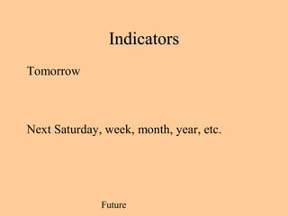 Future
IndicatorsIndicators
Tomorrow
Next Saturday, week, month, year, etc.
 