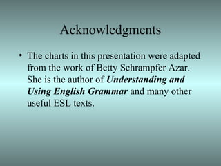 Acknowledgments
• The charts in this presentation were adapted
from the work of Betty Schrampfer Azar.
She is the author of Understanding and
Using English Grammar and many other
useful ESL texts.
 