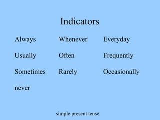 simple present tense
Indicators
Always Whenever Everyday
Usually Often Frequently
Sometimes Rarely Occasionally
never
 