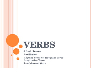 VERBS 6 Basic Tenses Auxiliaries Regular Verbs vs. Irregular Verbs Progressive Tense Troublesome Verbs  