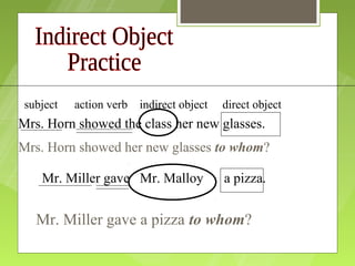 subject   action verb   indirect object   direct object
Mrs. Horn showed the class her new glasses.
Mrs. Horn showed her new glasses to whom?

    Mr. Miller gave Mr. Malloy             a pizza.


   Mr. Miller gave a pizza to whom?
 