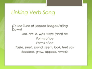 Linking Verb Song

(To the Tune of London Bridges Falling
Down)
       Am, are, is, was, were (and) be
                   Forms of be
                   Forms of be
   Taste, smell, sound, seem, look, feel, say
       Become, grow, appear, remain
 