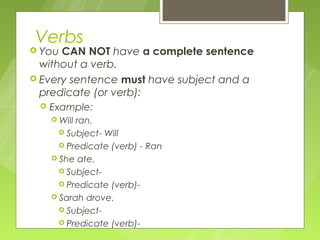 Verbs
 You CAN NOT have a complete sentence
  without a verb.
 Every sentence must have subject and a
  predicate (or verb):
    Example:
      Willran.
        Subject- Will
        Predicate (verb) - Ran
      She ate.
        Subject-
        Predicate (verb)-
      Sarah drove.
        Subject-
        Predicate (verb)-
 