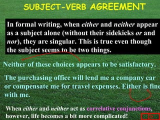 In formal writing, when  either  and  neither  appear as a subject alone (without their sidekicks  or  and  nor ), they are singular. This is true even though the subject seems to be two things. Neither of these choices appears to be satisfactory. The purchasing office will lend me a company car or compensate me for travel expenses. Either is fine with me . When  either  and  neither  act as   correlative conjunctions , however, life becomes a bit more complicated! 