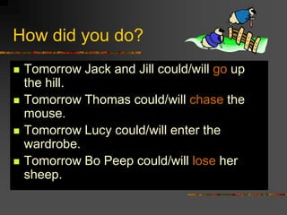 How did you do?
   Tomorrow Jack and Jill could/will go up
    the hill.
   Tomorrow Thomas could/will chase the
    mouse.
   Tomorrow Lucy could/will enter the
    wardrobe.
   Tomorrow Bo Peep could/will lose her
    sheep.
 
