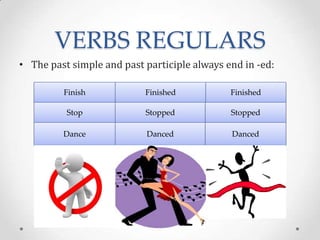 VERBS REGULARS
• The past simple and past participle always end in -ed:

         Finish            Finished           Finished

          Stop             Stopped            Stopped

         Dance              Danced            Danced
 