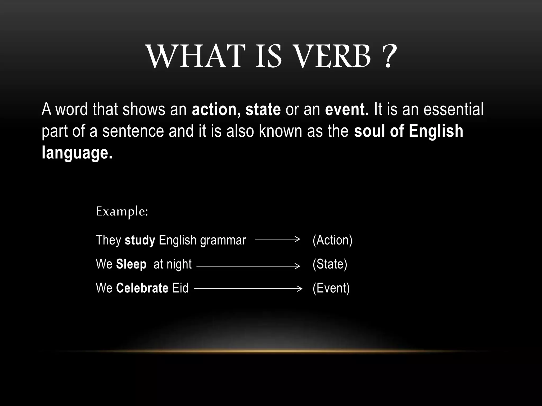 WHAT IS VERB ?
A word that shows an action, state or an event. It is an essential
part of a sentence and it is also known as the soul of English
language.
Example:
They study English grammar (Action)
We Sleep at night (State)
We Celebrate Eid (Event)
 