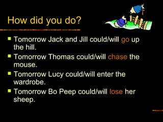 How did you do?
 Tomorrow Jack and Jill could/will go up
the hill.
 Tomorrow Thomas could/will chase the
mouse.
 Tomorrow Lucy could/will enter the
wardrobe.
 Tomorrow Bo Peep could/will lose her
sheep.
 