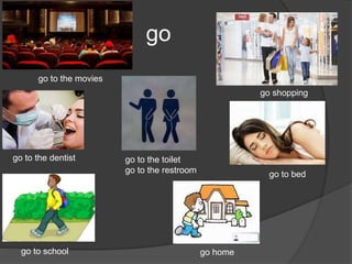 go
go to the movies
go to the dentist
go to school
go shopping
go to the toilet
go to the restroom go to bed
go home
 