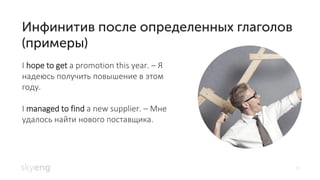 11
I hope to get a promotion this year. – Я
надеюсь получить повышение в этом
году.
I managed to find a new supplier. – Мне
удалось найти нового поставщика.
 
