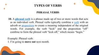 TYPES OF VERBS
PHRASAL VERBS
10. A phrasal verb is a phrase made up of two or more words that acts
as an individual verb. Phrasal verbs typically combine a verb with an
adverb or preposition to create a meaning independent of the original
words. For example, the verb “kick” and the preposition “off”
combine to form the phrasal verb “kick off,” which means “begin.”
Example: Phrasal verb:
1. I’m going to move out next month.
 