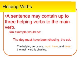 Helping Verbs
•A sentence may contain up to
three helping verbs to the main
verb.
•An example would be:
The dog must have been chasing the cat.
The helping verbs are: must, have, and been;
the main verb is chasing.
 