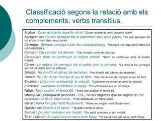 Classificació segons la relació amb els
 complements: verbs transitius.
Acabar: Quan acabaràs aquella obra? *Quan acabaràs amb aquella obra?
Apropiar-se: Es van apropiar tot el patrimoni dels seus pares. *Es van apropiar de
tot el patrimoni dels seus pares.
Carregar: Sempre carrega totes les conseqüències. *Sempre carrega amb totes les
conseqüències.
Complir: Cal complir els deures. *Cal complir amb els deures.
Continuar: Hem de continuar el nostre treball. *Hem de continuar amb el nostre
treball.
Córrer: La notícia ha corregut tot el poble com la pólvora. *La notícia ha corregut
per tot el poble com la pólvora.
Dimitir: Ha dimitit el càrrec de secretari. *Ha dimitit del càrrec de secretari.
Donar: Heu de donar menjar al qui té fam. *Heu de donar de menjar al qui té fam.
Encertar: L'alumne va encertar la solució. *L'alumne va encertar amb la solució.
Entrenar: Guardiola entrenava el Barça. *Cruyff entrenava en el Barça.
Faltar: Falta acabar el tema 69. *Falta per acabar el tema 69.
Obsequiar (obsequiem persones –CD-, no els objectes que es regalen):L'he
obsequiat amb un llibre antic. *L'he obsequiat un llibre antic.
Parlar: Parla l'anglés molt fluidament. *Parla en anglés molt fluidament.
Quedar-se: Quede's el canvi. * Quede's amb el canvi.
Somiar: De petit somiava ser model. *De petit somiava a ser model.
Tirar i estirar: El cavall tira el carro amb força. *El cavall tira del carro amb força.
 