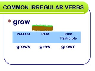 COMMON IRREGULAR VERBS

 grow

   Present   Past     Past
                    Participle

   grows     grew   grown
 