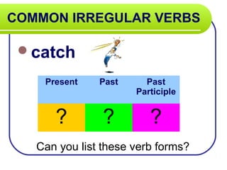 COMMON IRREGULAR VERBS

 catch

    Present    Past     Past
                      Participle


      ?         ?        ?
   Can you list these verb forms?
 