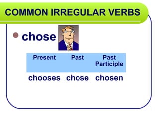 COMMON IRREGULAR VERBS

 chose

    Present   Past     Past
                     Participle

   chooses chose chosen
 