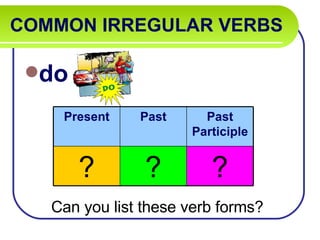 COMMON IRREGULAR VERBS   do Can you list these verb forms? Present Past Past Participle ? ? ? 