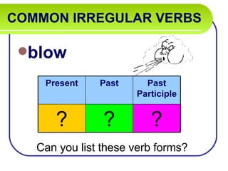 COMMON IRREGULAR VERBS   blow Can you list these verb forms? Present Past Past Participle ? ? ? 