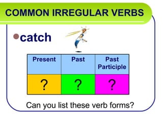 COMMON IRREGULAR VERBS   catch Can you list these verb forms? Present Past Past Participle ? ? ? 