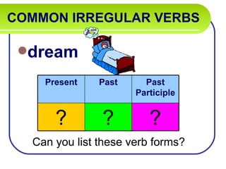 COMMON IRREGULAR VERBS

 dream

    Present    Past     Past
                      Participle


      ?        ?         ?
  Can you list these verb forms?
 
