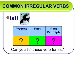 COMMON IRREGULAR VERBS

 fall

     Present    Past     Past
                       Participle


         ?      ?         ?
   Can you list these verb forms?
 